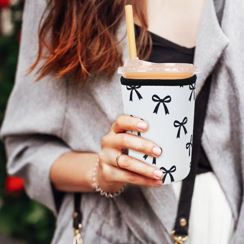 Haevola Reusable Insulated Neoprene Iced Coffee Cup Sleeve, Durable Drink Sleeve for Cold Beverages, Beverage Holder for Iced Coffee, Black Bow - Image 2